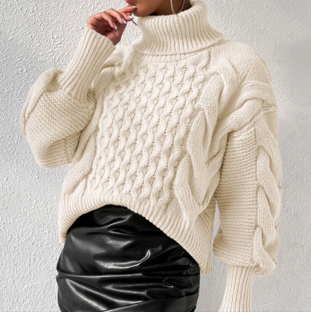 Turtleneck Cable Knit Drop Shoulder Sweater - Picture 5 of 5